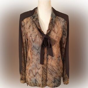 sheer brown and tan swirly animal print button down blouse size 2 - SW3 Bespoke